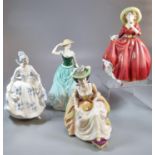 Four Royal Doulton bone china figurines to include: 'Emily', 'Kathleen', 'A Single Red Rose' and '