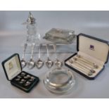 Tray of silver and other items to include: five 19th Century teaspoons (3 troy ozs approx), silver