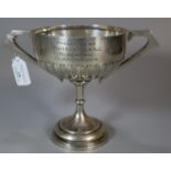 Silver two handled presentation trophy cup by Walker & Hall presented by Morris Isaac, Blaencwm,