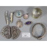 Bag of items to include: silver engine turned napkin ring, silver bangle, two mother of pearl and