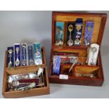 Two wooden boxes comprising; cased and loose souvenir spoons, many continental appearing to be