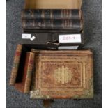 Box of antiquarian books to include: Volume I & II of 'Byron's Works' half leather bound by