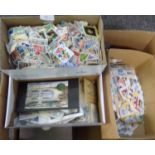 Box with all World selection of stamps in shoeboxes 1000's of stamps on & off paper, loose and in