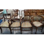 A collection of eight chairs, various to include: mahogany inlaid parlour chairs, tub chair, bedroom