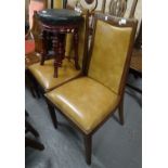 Pair of mid century dining chairs with leather finish upholstery together with stained Victorian