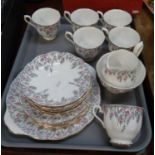 Tray of Royal Albert 'Rosedrop' design teaware to include: teacups and saucers, plates, milk jug,