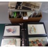 Postcards collection in a box, 100's of cards with good selection of Welsh cards & green album of