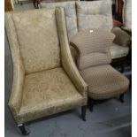 Edwardian upholstered floral and foliate wing chair with brass studwork, together with an early 20th