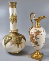Royal Worcester 1144 blush ivory ewer on square base decorated with Bacchus, flowers and foliage.