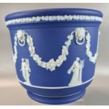 Wedgwood blue and white Jasperware jardiniere decorated in classical style with lion mask heads,