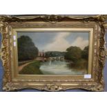 V Lewis (19th Century), Italian river scene with bridge and moored vessels, signed, oils on