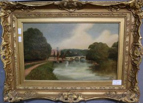 V Lewis (19th Century), Italian river scene with bridge and moored vessels, signed, oils on