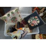 Large box of woollen tapestry needlepoint embroidered cushions; various designs to include: