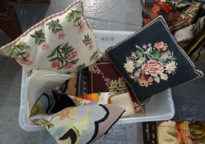 Large box of woollen tapestry needlepoint embroidered cushions; various designs to include: