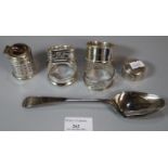 Collection of silver to include: four napkin rings, 19th Century silver rat tail spoon and a