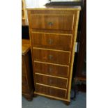 Narrow simulated rosewood and mixed woods straight front six drawer filing or music cabinet. (B.P.