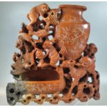 Large Chinese carved soapstone combined vase and water container or brush pot depicting birds, deer,