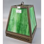 Art Deco style brass framed ceiling light with green marbled finish glass panels. (B.P. 21% + VAT)