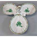 Herend Hungarian hand painted three section hors d'oeuvres dish with gilt and floral decoration. (