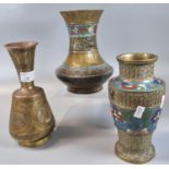 Group of three yellow metal vases comprising two Chinese with champleve enamel banding and one