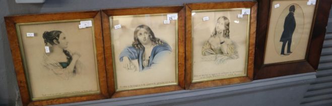 A group of three devotional portrait prints in maple frames with gilt slips. Together with a full