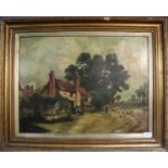 F.E Hayes (British, early 20th Century), a country cottage with figures, signed, oils on canvas.