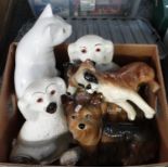 Box of ceramic dog figures to include: Staffordshire seated spaniels, Capstan pottery Yorkshire