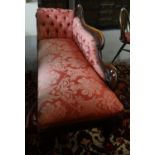 Victorian mahogany upholstered chaise longue on baluster turned legs, brass cups and ceramic