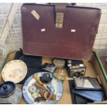 Collection of oddments to include: leather satchel or briefcase, stoneware tobacco jar and cover,