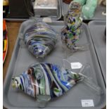 Tray of multicoloured Murano style glass fish; two vases and two ornaments. (B.P. 21% + VAT)