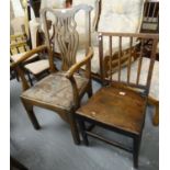 Early 19th Century oak stick back farmhouse kitchen chair. Together with an oak Chippendale style