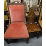 Edwardian oak framed and upholstered parlour chair together with late 19th/early 20th century carved