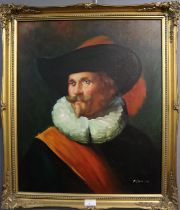 F Rowe (20th Century), portrait of a cavalier, signed, oils on canvas. 59 x 50cm approx. Framed. (