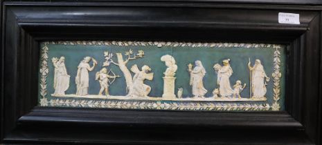Jasperware ceramic plaque depicting mythical figures. 11.5 x 45cm approx. Framed. (B.P. 21% + VAT)