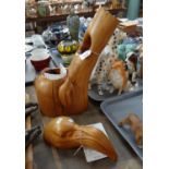 Various carved wooden sculptural items to include: a pair of Canadian Maple Flamingo salad spoons by