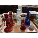 Tray of glassware to include: two ruby coloured moulded glass candlesticks with lustres, Art Deco