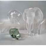 Scandinavian glass and frosted paperweight of an elephant by M Jonasson together with glass intaglio