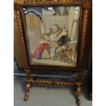 Victorian rosewood figural tapestry fire screen on barley twist pilasters and supports. (B.P.