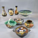 Collection of Dutch Gouda pottery, to include: pair of waisted vases, single handled basket, bowl