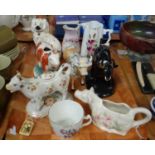 Tray of mostly china to include: various Staffordshire 19th Century cow creamers, Ironstone cow milk