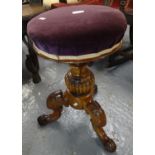 Victorian carved walnut tripod adjustable piano stool. (B.P. 21% + VAT)