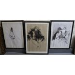 Unknown artist, group of three female portrait studies in ink and acrylic on paper including: '