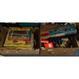 Two boxes of vintage board and other games to include: Blow Football, The Senior Chemist by Tri-ang,