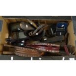 Box of assorted items to include: fireside bellows, copper shot flask, cased vintage straight razors