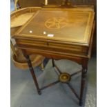 Late 19th early 20th century mahogany inlaid fall front clerk's type desk on stand, decorated with