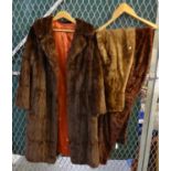 Collection of vintage fur items to include: a three quarter length dark brown fur coat with floral