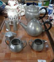 Tray of English Sheffield Craftsman pewter items to include: teapot, water pot, two handled sucrier,