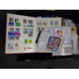 Plastic crate with all World selection of stamps in albums, stockbook New Issues in packets, few