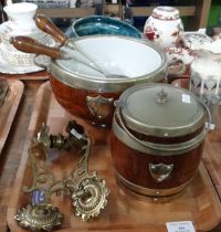 Tray of metalware and other items to include: brass candle wall sconces, wooden metal banded ice