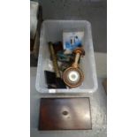 Box of assorted items to include: cased wooden wall barometer, brass telescope, various leather